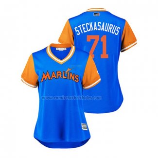 Camiseta Beisbol Mujer Miami Marlins Drew Steckenrider 2018 LLWS Players Weekend Steckasaurus Azul