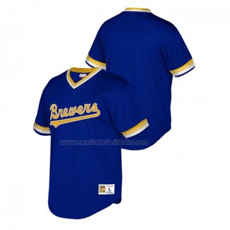 Camiseta Beisbol Nino Milwaukee Brewers Cooperstown Collection Mesh Wordmark V-Neck Azul