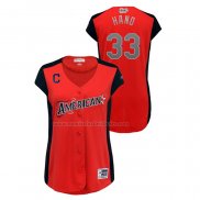 Camiseta Beisbol Mujer All Star 2019 Cleveland Indians Brad Hand Workout American League Rojo