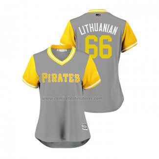 Camiseta Beisbol Mujer Pittsburgh Pirates Dovydas Neverauskas 2018 LLWS Players Weekend Lithuanian Gris