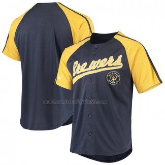 Camiseta Beisbol Hombre Milwaukee Brewers Button Down Raglan Replica Azul