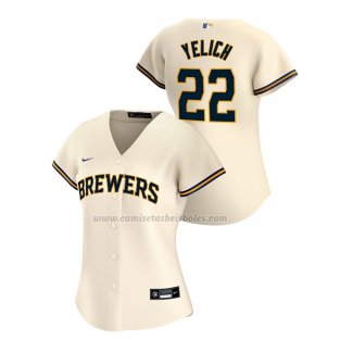 Camiseta Beisbol Mujer Milwaukee Brewers Christian Yelich Replica Primera 2020 Crema