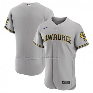 Camiseta Beisbol Hombre Milwaukee Brewers Road Autentico Logo Gris