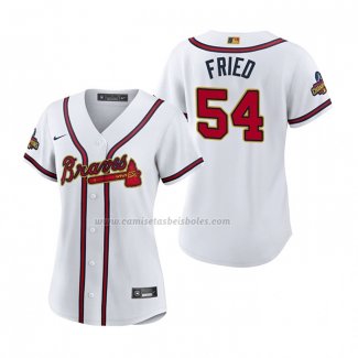 Camiseta Beisbol Mujer Atlanta Braves Max Fried 2022 Gold Program Replica Blanco