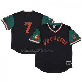 Camiseta Beisbol Hombre Azules de Veracruz 7 Rings & Crwns Green Mesh Replica V-Neck Negro