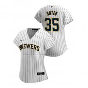 Camiseta Beisbol Mujer Milwaukee Brewers Brent Suter Replica Primera 2020 Blanco